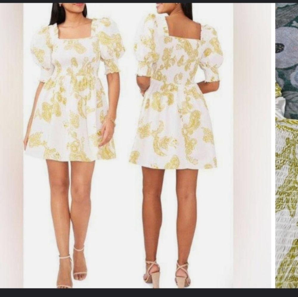 Alter State Paisley Green and White Puff Sleeve Smock Dress - Picture 3 of 5